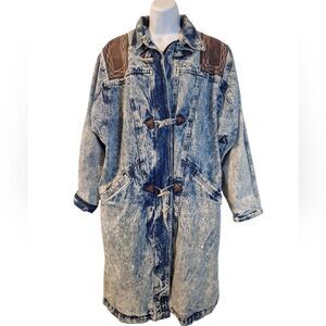 Izzi vintage 80s stone washed denim with leather accents long jacket/coat L